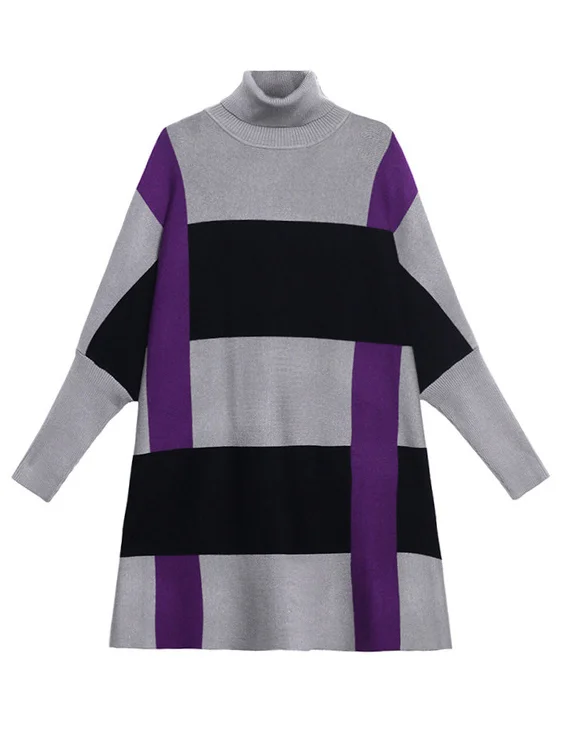Original Stylish Roomy Color-Block High-Neck Long Sleeves Knitted Sweater