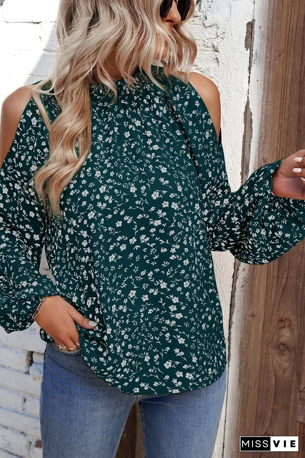 Cold Shoulder Frilled Collar Floral Blouse