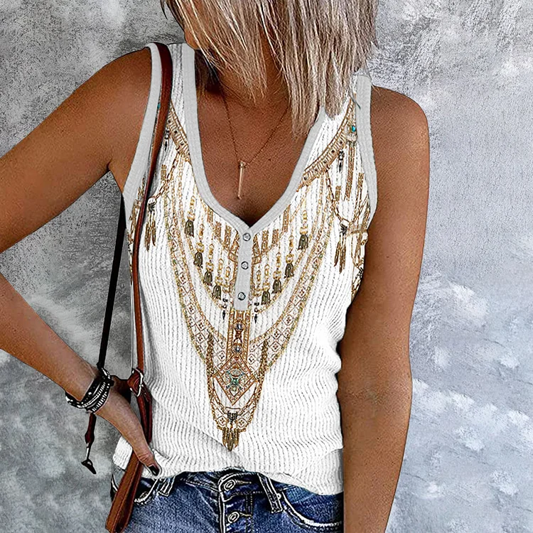 Western Tribal Button Up Casual Tank Top