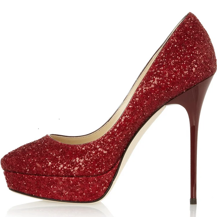 Dark Red Glitter Shoes Stiletto Heels Platform Pumps US Size 3-15 |FSJ Shoes