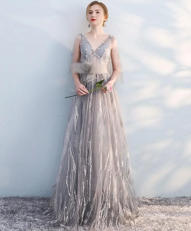 Gray V Neck Tulle Lace Long Prom Dress, Tulle Evening Dress