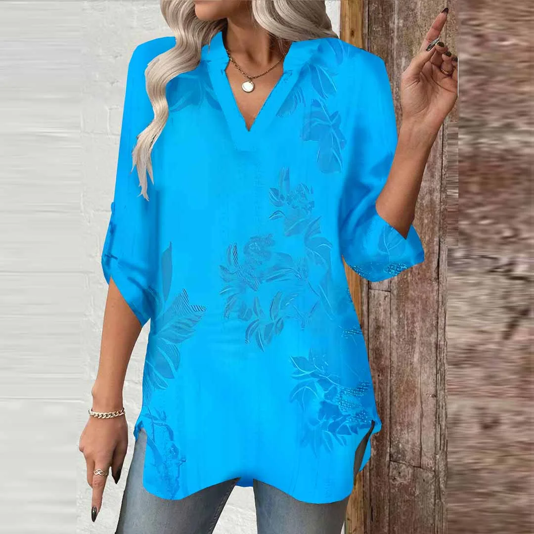 Women Floral, Blue DZGA0448 3/4 Sleeve V-neck Printed Graphic Button Tops