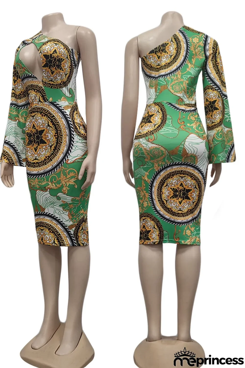 Green Sexy Print Hollowed Out One Shoulder Pencil Skirt Dresses