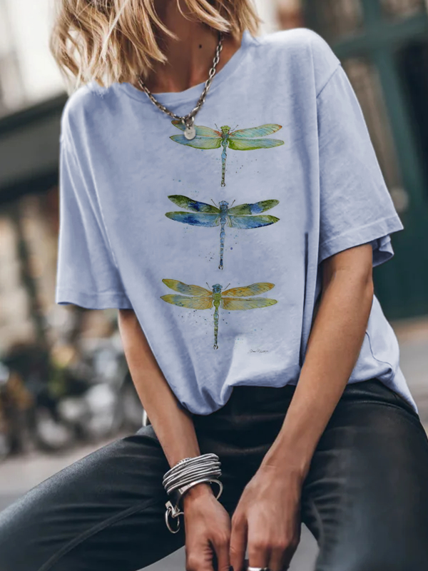 Women's Cotton Short-sleeved Shirt With Colorful Dragonfly Print tjj Shicloths