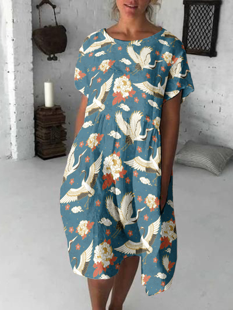 Comstylish Vintage Crane Japanese Art Flowy Midi Dress