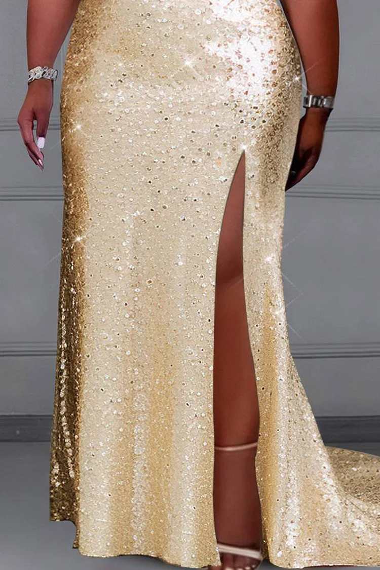 Xpluswear Design Plus Size Prom Tulle Gold Off The Shoulder Split Elegant Contrast Sequin Maxi Dresses [Pre-Order]