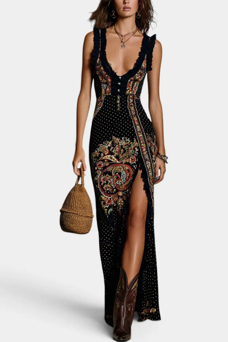 Deep V-Neck Paisley Maxi with High Slit
