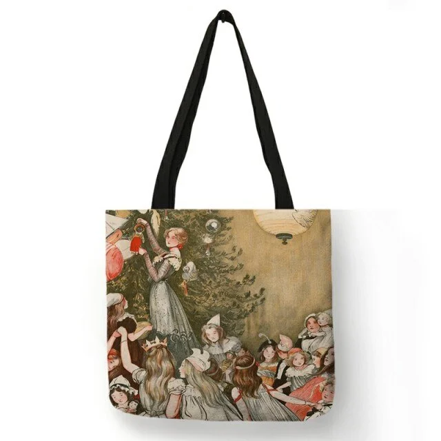 Linen Eco-friendly Tote Bag -  Christmas Snow Scenery
