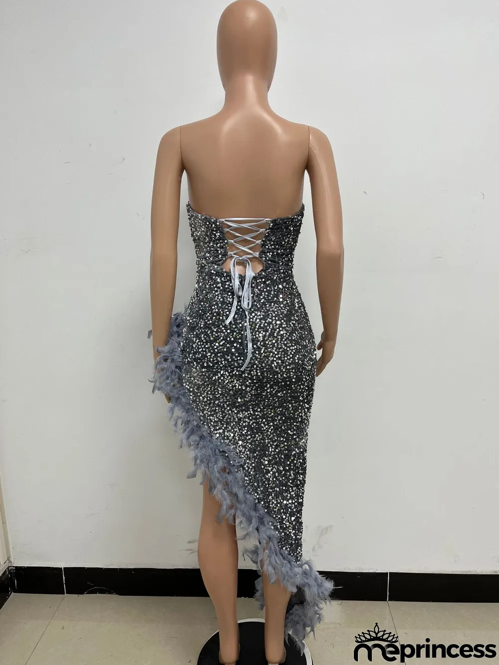 Women Sexy Off Shoulder Backless Sequin Feather Dress