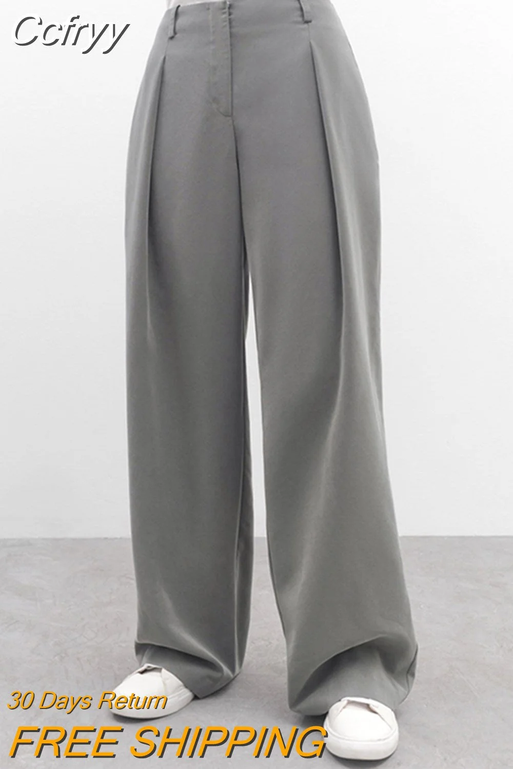 Huibahe Classic Grey Pleated Pants Woman 2023 Vintage Outfit Spring Baggy Pants Office Trousers Pocket Wide Leg Pants Ladies