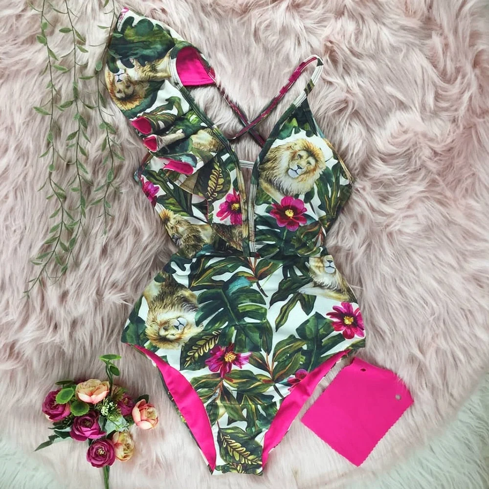 2022 New Sexy Ruffle Print Floral One Piece Swimsuit Off The Shoulder Swimwear Women Solid Deep-V Beachwear Bathing Suit Monkini