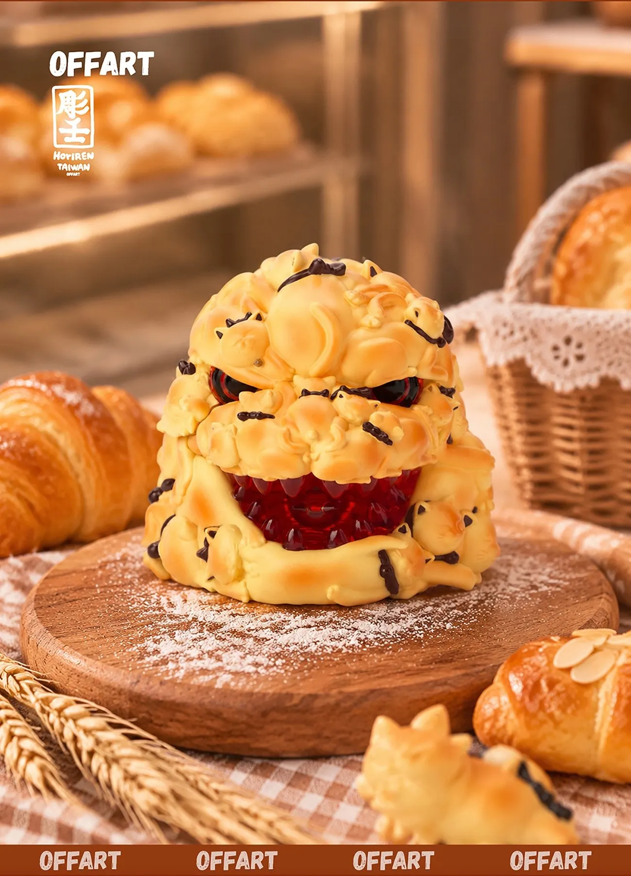 OFFART x Diaoren Hundred Cats Red Lotus Mini Lucky Cat Head Sculpture - Wheat Fragrance Mille-Cr&ecirc;pe Version-