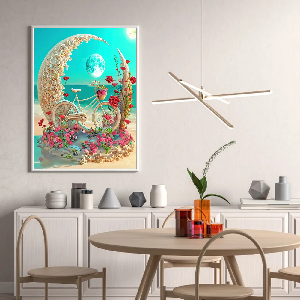 Full Round Diamond Painting 30*40cm - Beach Romantic Rose Bicycle