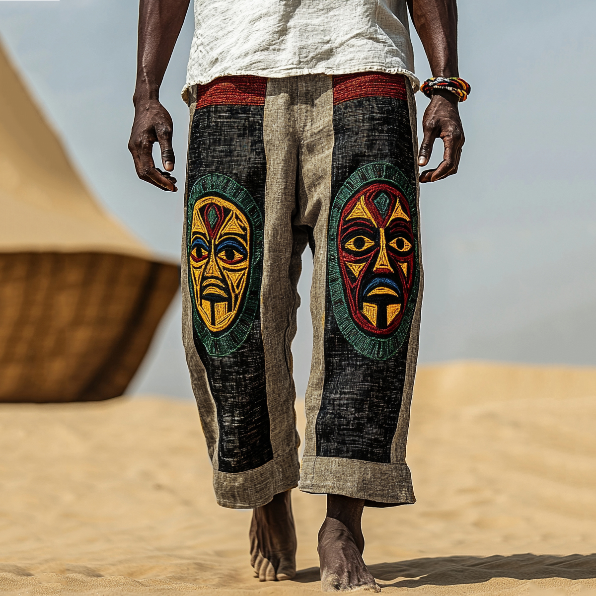 Men's African Traditional Mask Art Linen Casual Wide Leg Pants
