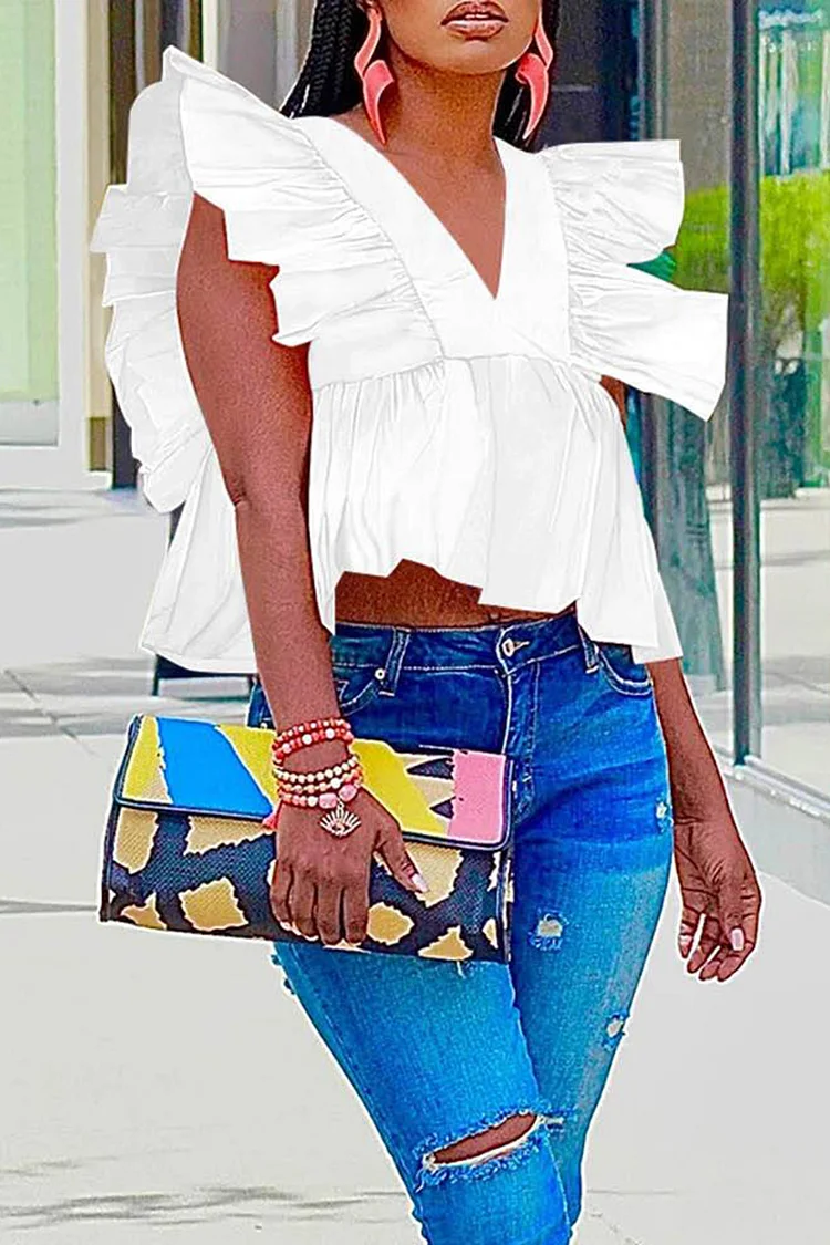 Plus Size White Summer V Neck Flying Sleeve Blouses [Pre-Order]