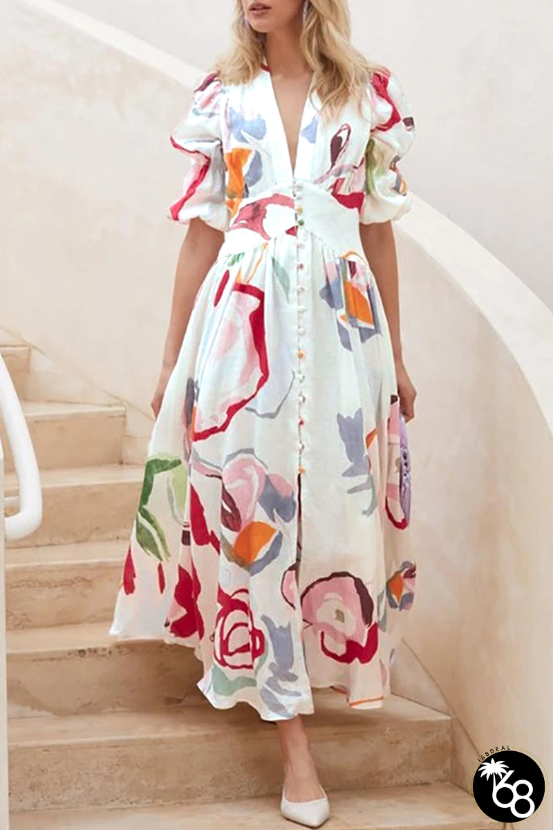 Elegant Vacation Not Positioning Printed Buttons V Neck Beach Dress Dresses | 168DEAL