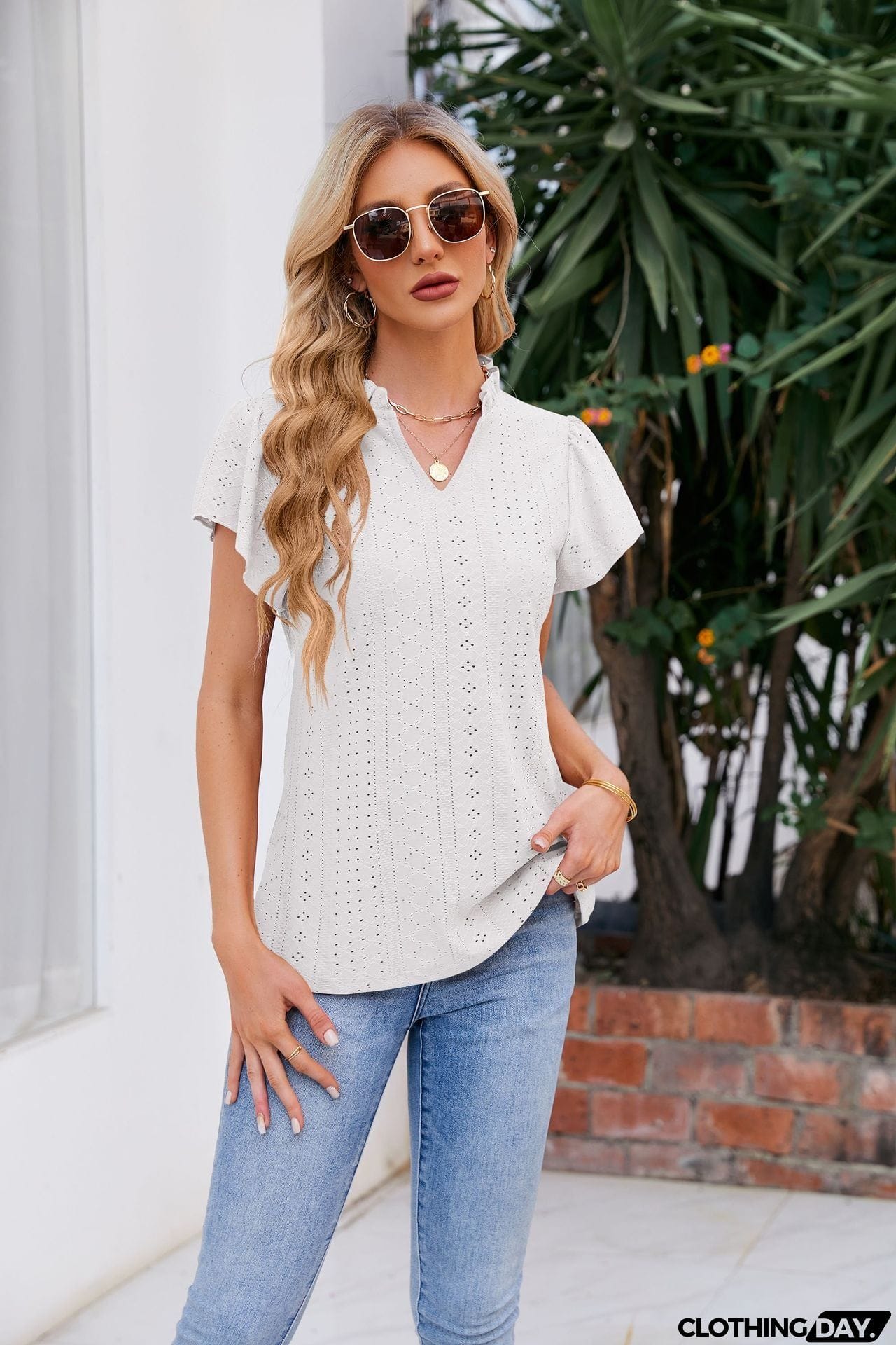Notched Neck Puff Sleeve Blouse