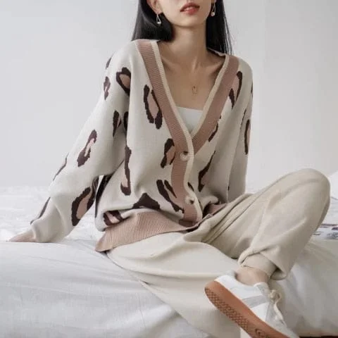 pornhint Pornhint GIGOGOU Autumn Oversized Women Cardigan Sweater Tracksuits Leopard Knitted Jumper Suits + Harem Pants 2/Two Pieces Winter Sets