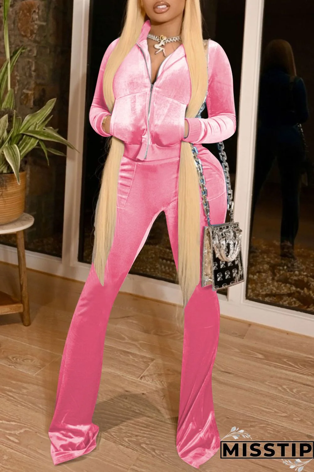 Burgundy Fashion Street Solid Patchwork O Neck Long Sleeve Two Pieces