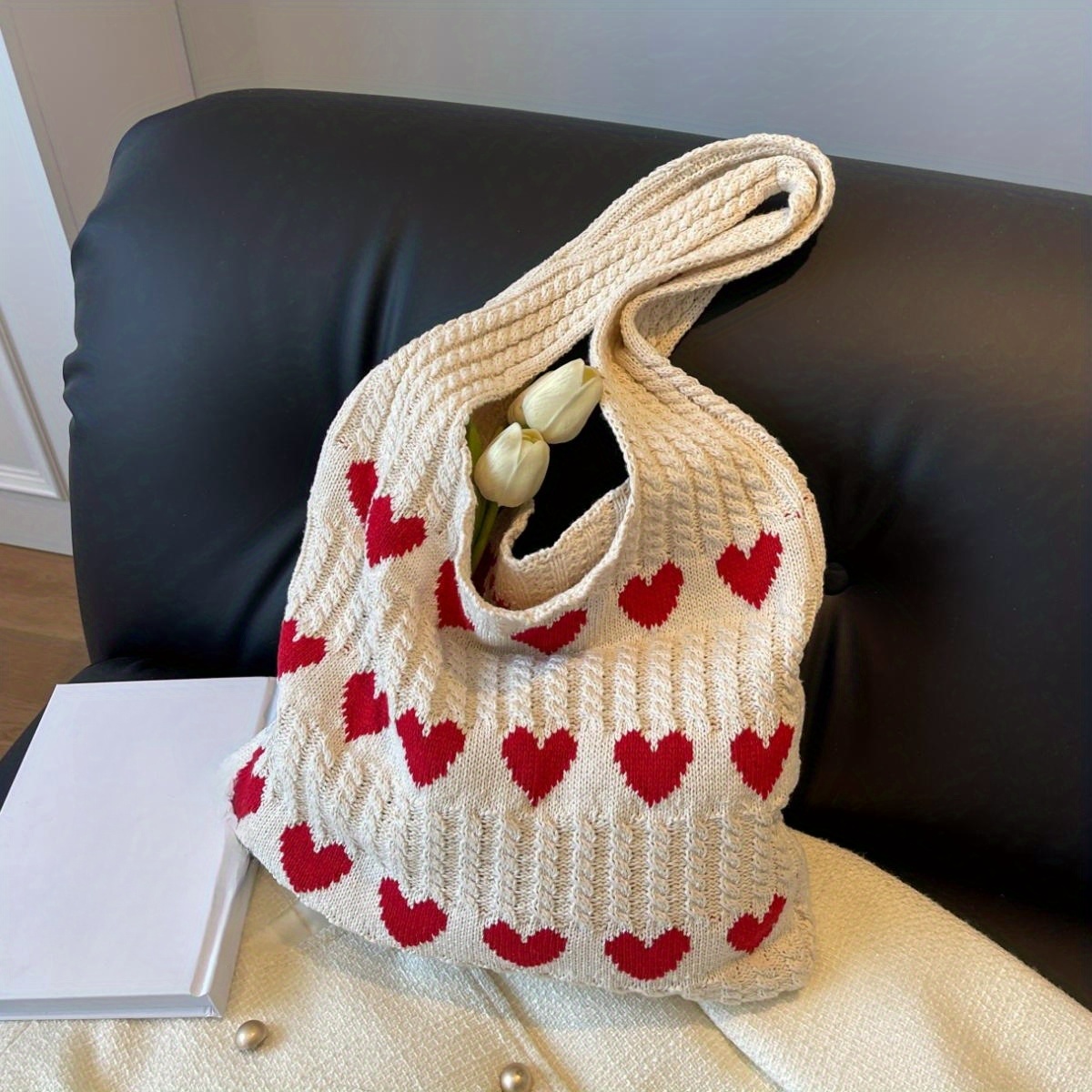 Large Capacity Knitted Hobo Bag, Cute Heart Pattern Tote Bag, Women's Casual Crochet Handbag & Shoulder Purse