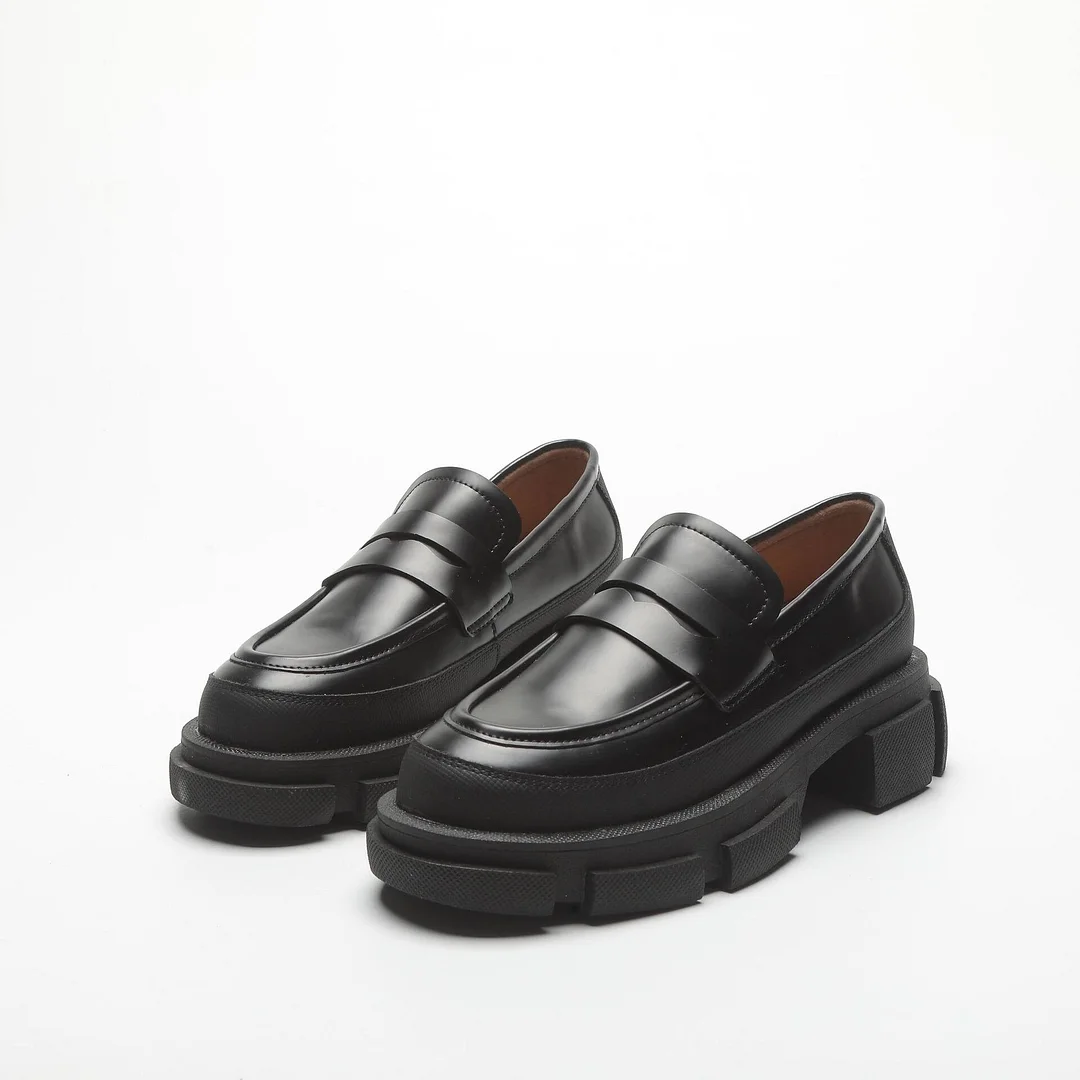 Retro Fashion Loafers Shoes For Women 2022 Spring New Designed British Style Cowhide Solid Color Platform Thicken Heel Shoes