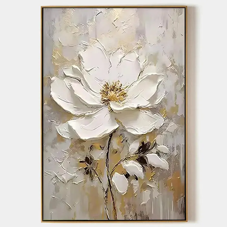 WHITE BLOSSOM: Textured White Floral Painting, Impasto Wall Art, Vertical Canvas, Romantic Decor（Canvas painting）