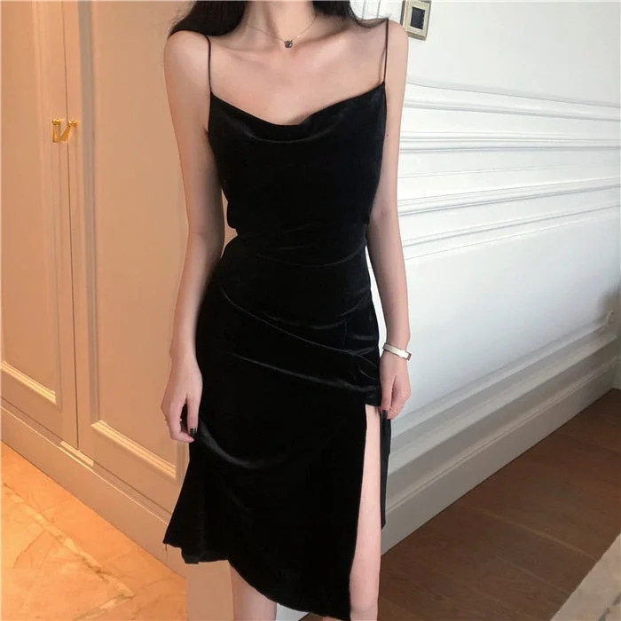 Graduation Gifts  2023 Brand New Women Dress Spaghetti Strap Slit Velvet Black Dress  Bodycon bandage Dress Midi Party Dress Vestidos Verano
