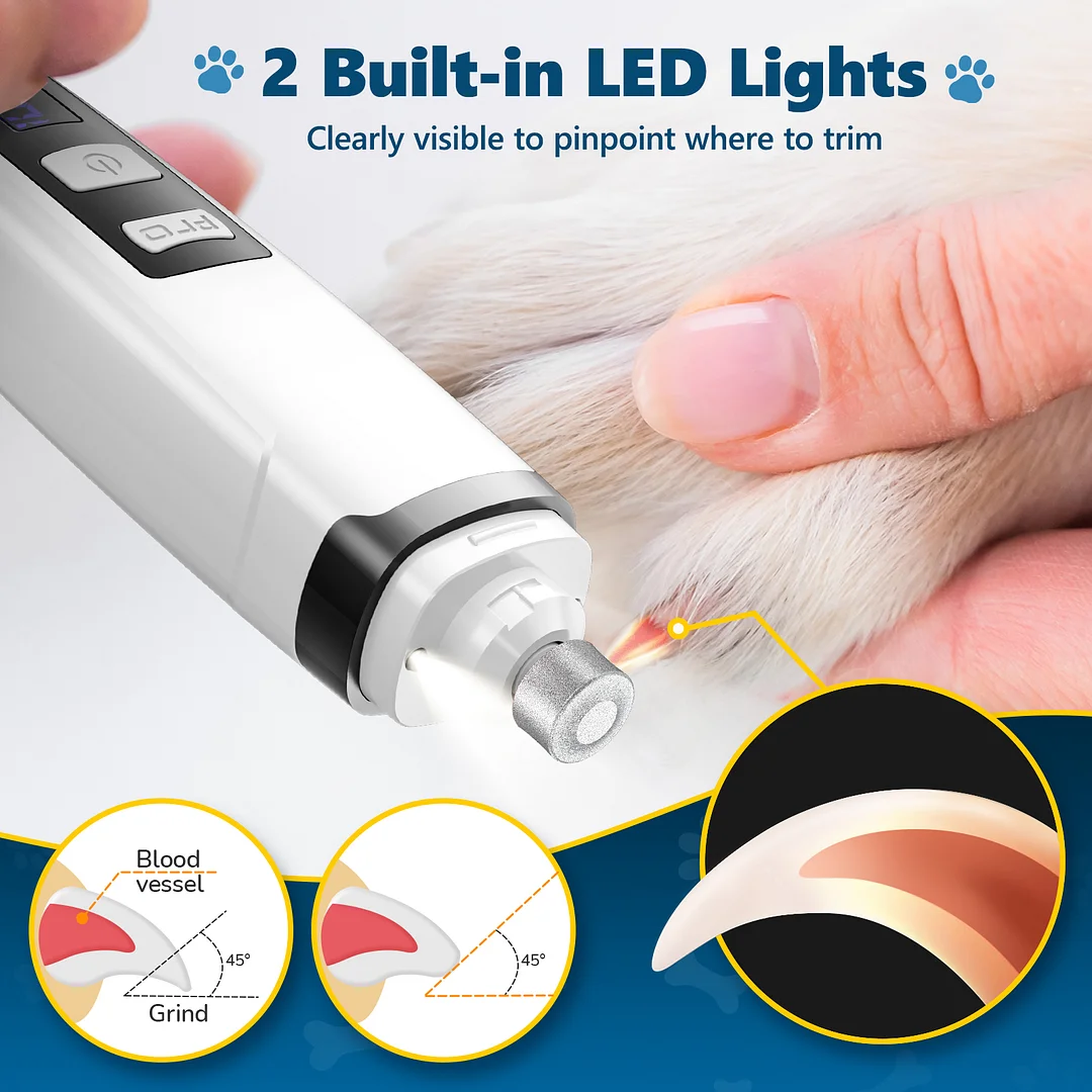 BEBANG Dog Nail Grinder, 2 LED Lights, Super Quiet and Low Vibration Electric Dog Nail Trimmers for Small Medium Large Dogs & Cats