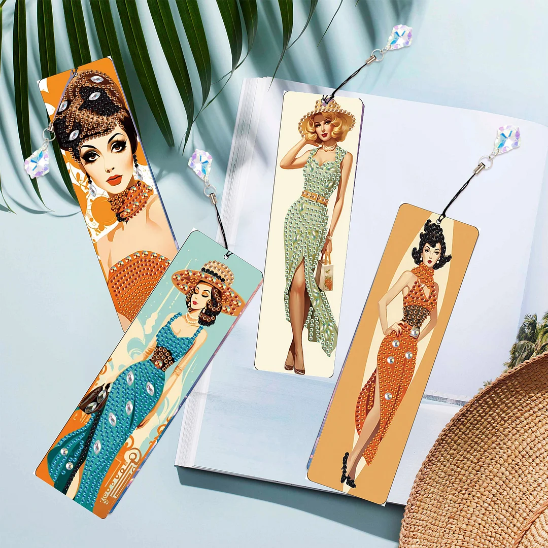 4Pcs Retro Urban Beauty DIY Diamond Bookmark Art Projects Irregular Shaped Diamonds Diamond Painting Art Bookmarks with Crystal Pendants for DIY Making Beginners Adult Art Craft Supplies