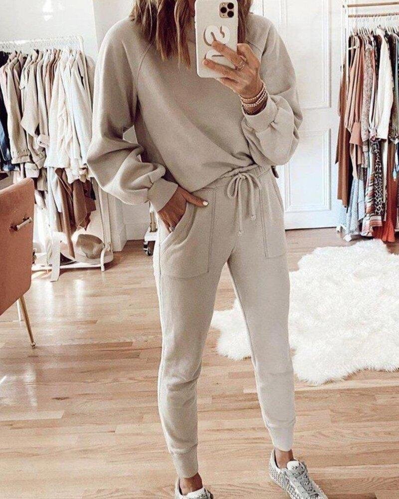 Casual Loose Long Sleeved Top And Pants Suit