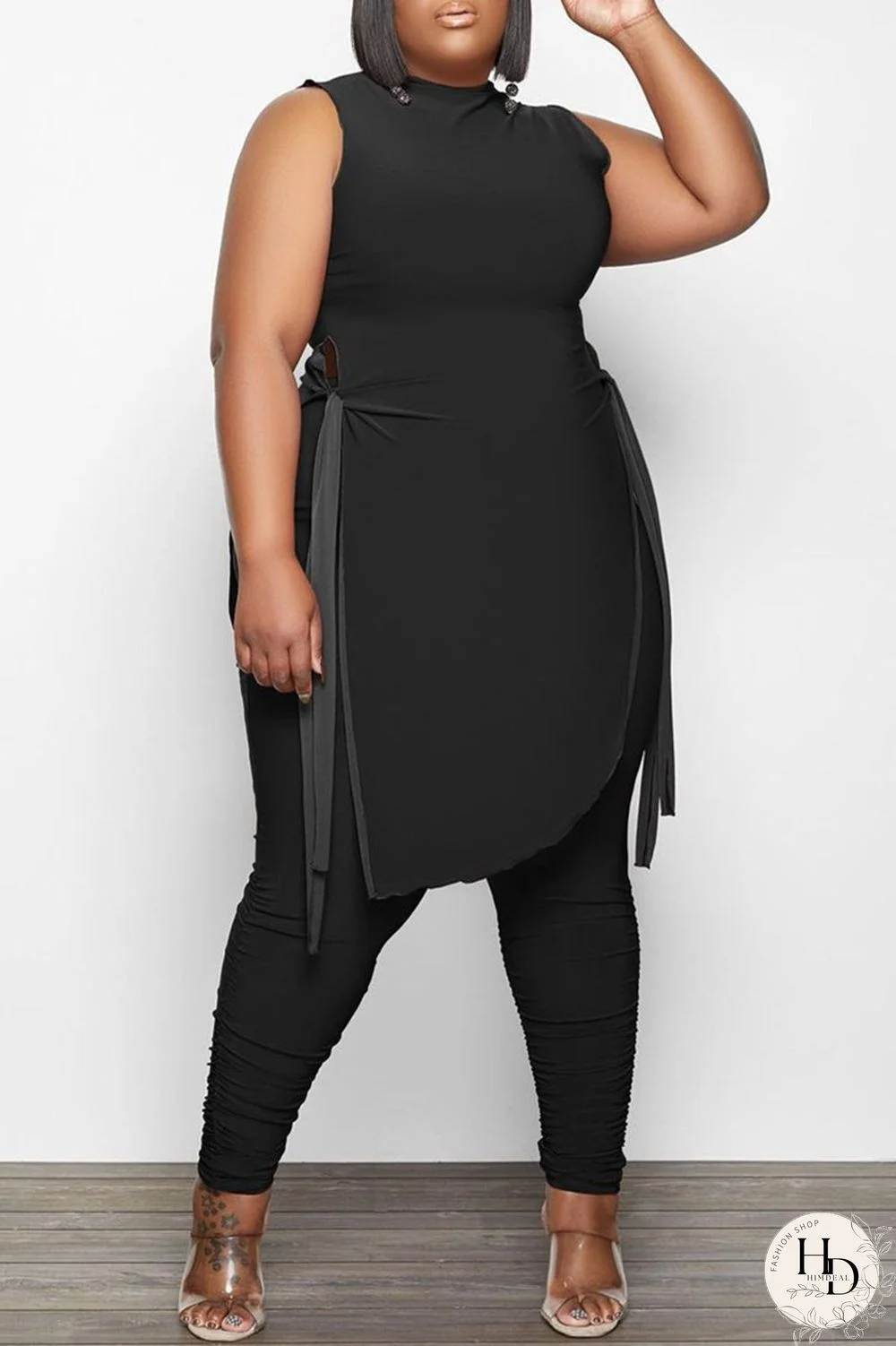 Black Fashion Casual Solid Bandage O Neck Plus Size Two Pieces