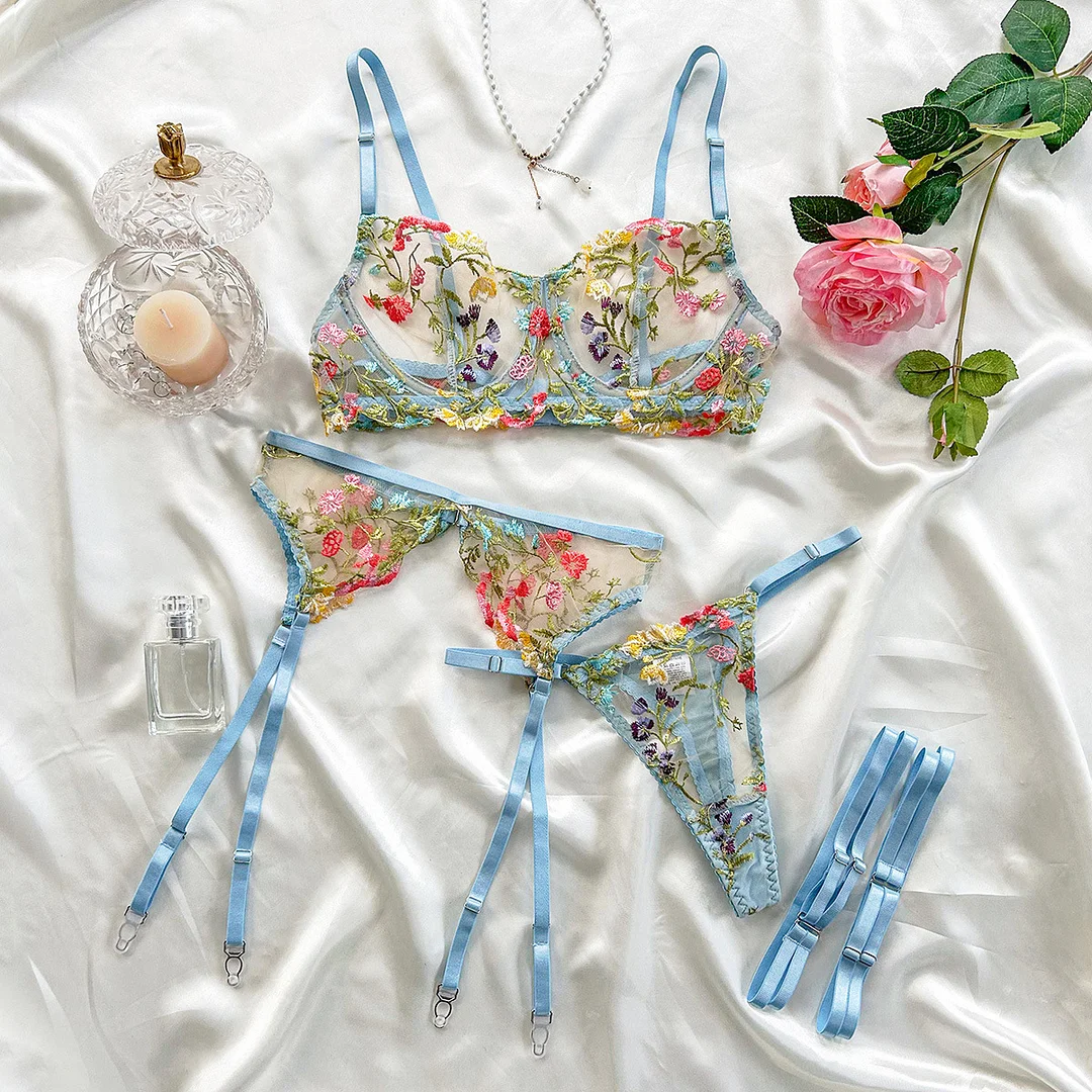 Churchf Sex Lingerie Sexy Embroidery Beauty Small Broken Flower Color Bra Garter Set