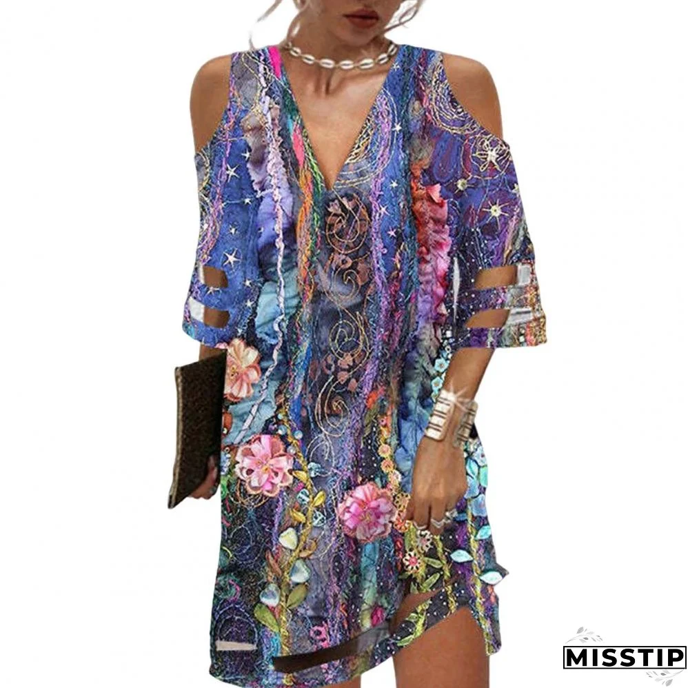 Summer Lace Cuff Hollow Out Short Sleeve Ladies Dress Floral Print Deep V Neck Mini Dress