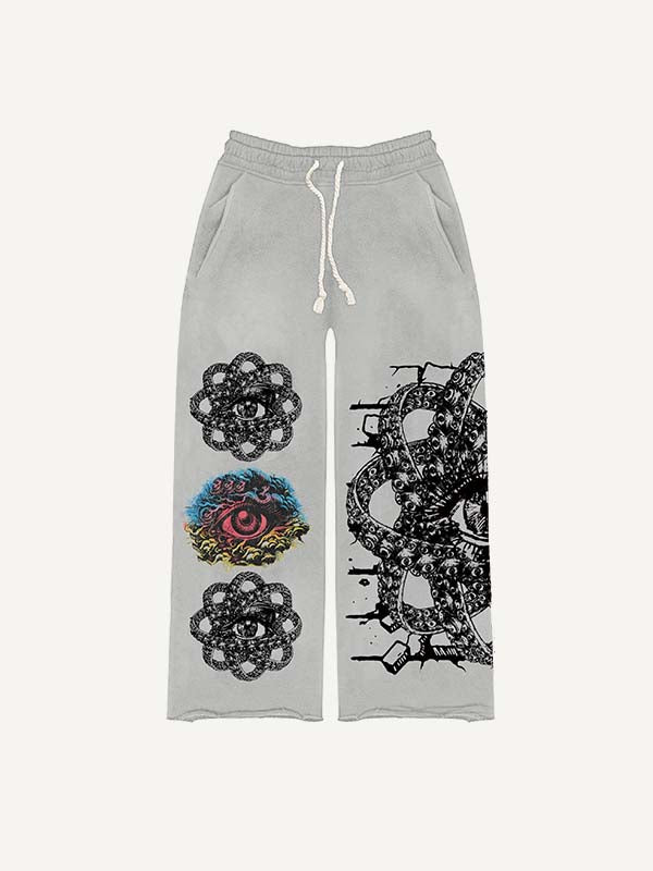 Eye&Cloud&Graphic Print Elastic Waist Pants