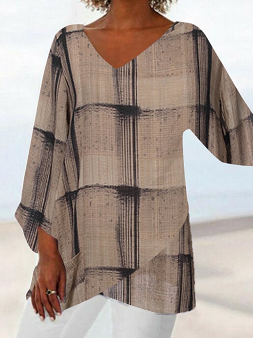 Women Casual Plaid Printed Long Sleeve V-neck Tops L-4X