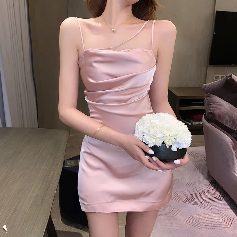 Ordifree 2022 Summer Women Satin Party Dress Spaghetti Strap Pink Silk Sexy Mini Dress