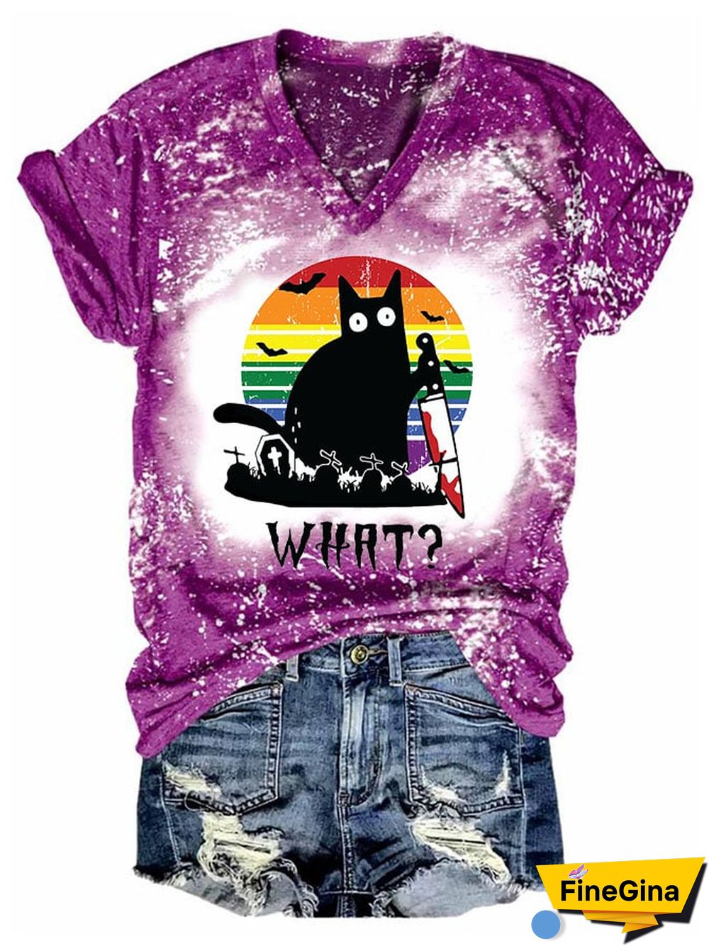 Women's Halloween Black Cat Print Short Sleeve T-Shirt