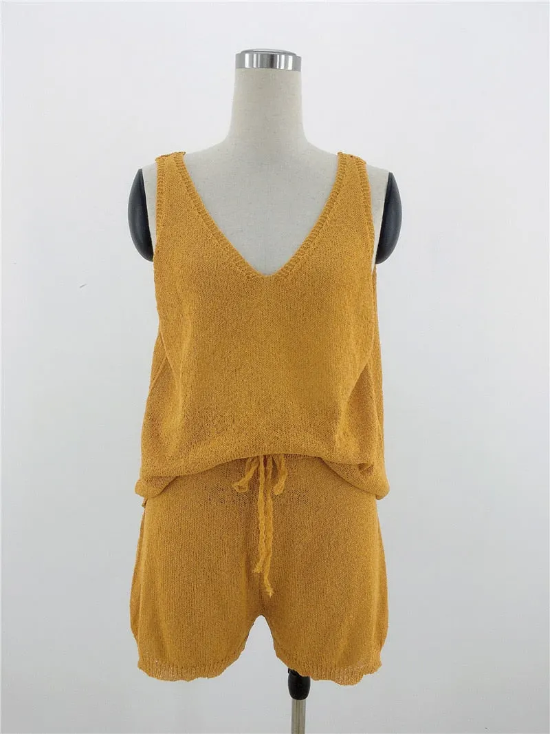 Fitshinling Bohemian Knit Women Matching Sets Loungewear Backless Tanks Tops Shorts Two Pieces Outfits Summer Holiday Suit Femme