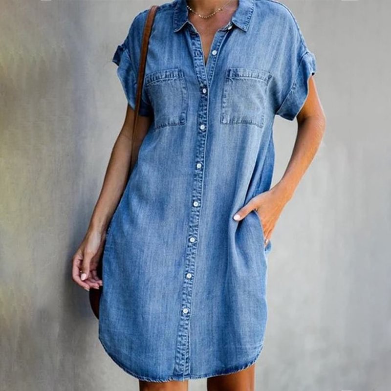 Blue Shirt Collar Plain Short Sleeve Denim Dress