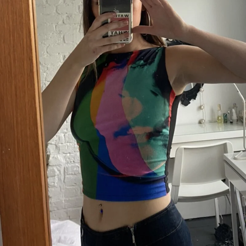 HEYounGIRL Summer Mesh Printed Sexy Cropped Tanks Camis Fashion 90s Harajuku Casual Crop Tops Tees Basic Streetwear 2021