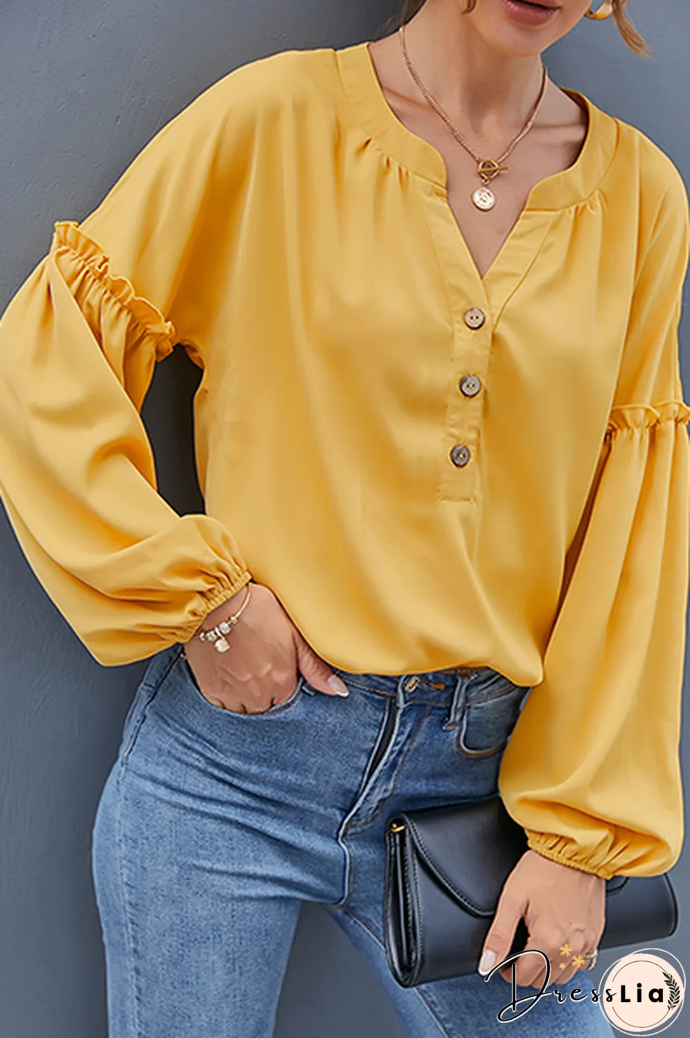 Casual Solid Buckle Stringy Selvedge V Neck Tops