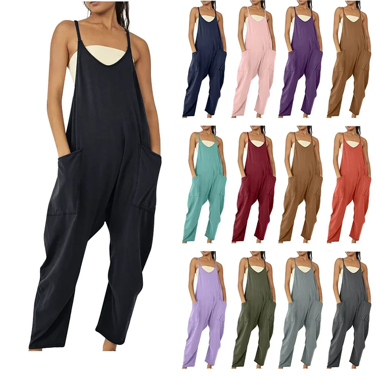 pstuiky Jumpsuits for Women, Womens Jumpsuit Solid Color V Neck Sleeveless Jumpsuit Spaghetti Strap Jumpsuit Loose Rompers One Piece Jumpsuits Casual Overalls with Pockets Brown s