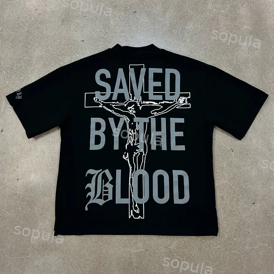 Vintage Saved By The Blood Graphic 100% Cotton Short Sleeve T-shirt - SOPULA