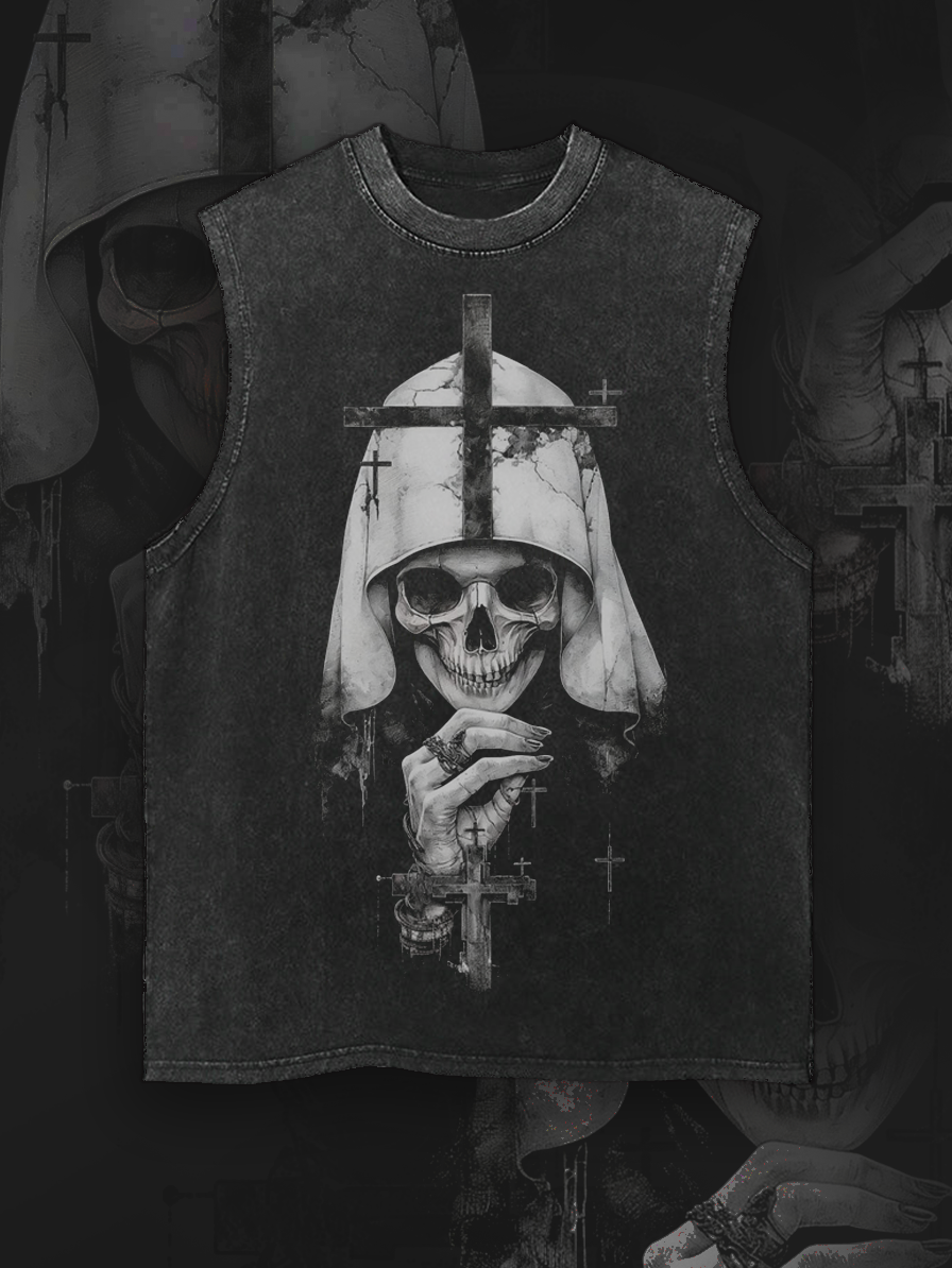 Shoptechwear Art Satanic Praying Skull Devil Acid Wash Casual Vest