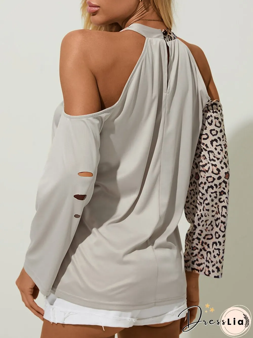 Women Leopard Print Patchwork Off Shoulder Long Sleeve Casual Blouse