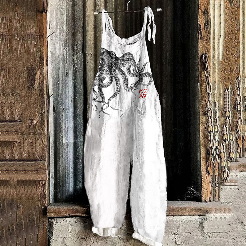 Japanese Art Octopus Ink Print Casual Loose Jumpsuit