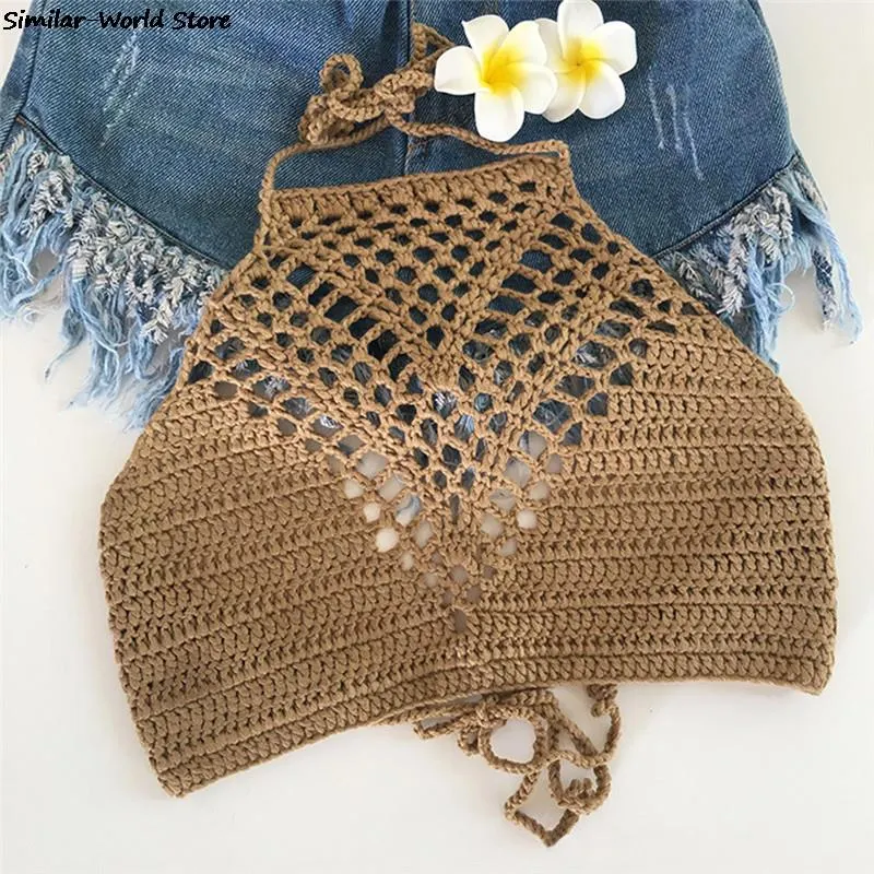 2021 New Bikini Top Crochet Women Boho Beach Bralette Solid Halter Knitted Swimsuit Bikinis Bathing Suit Top