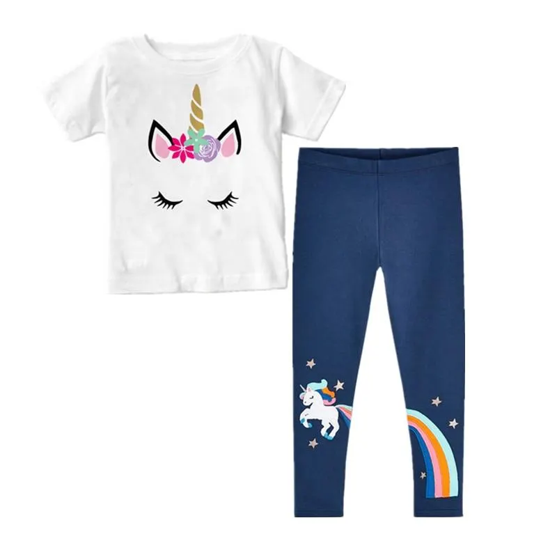Two Pieces Kids Children Girls Clothes Set Little Girl Summer Cartoon Print T Shirt and Pants Leggings Outfits Clothing 2pcs