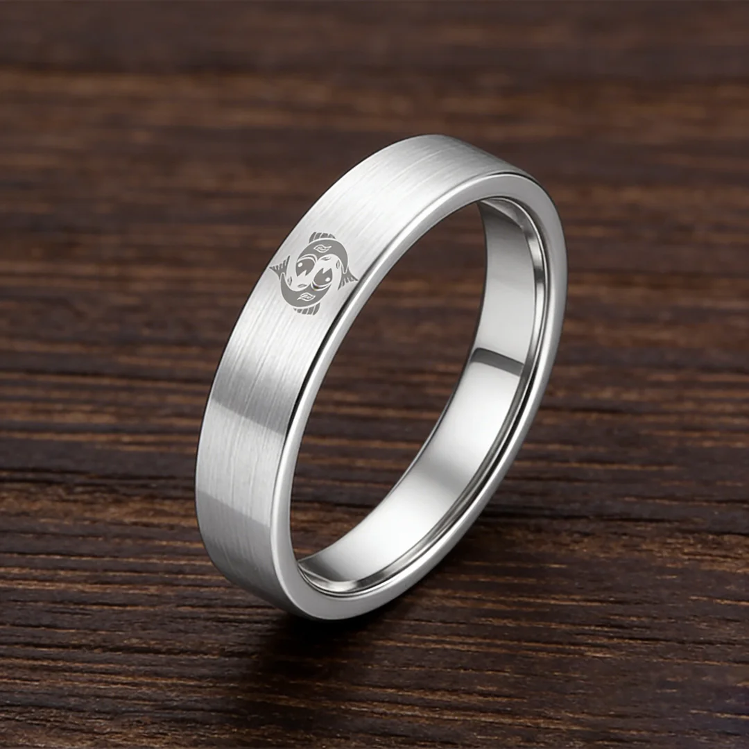 Pisces Tungsten Carbide Rings Sliver Flat Wedding Band Comfort Fit Men and Wom 4MM 6MM 8MM