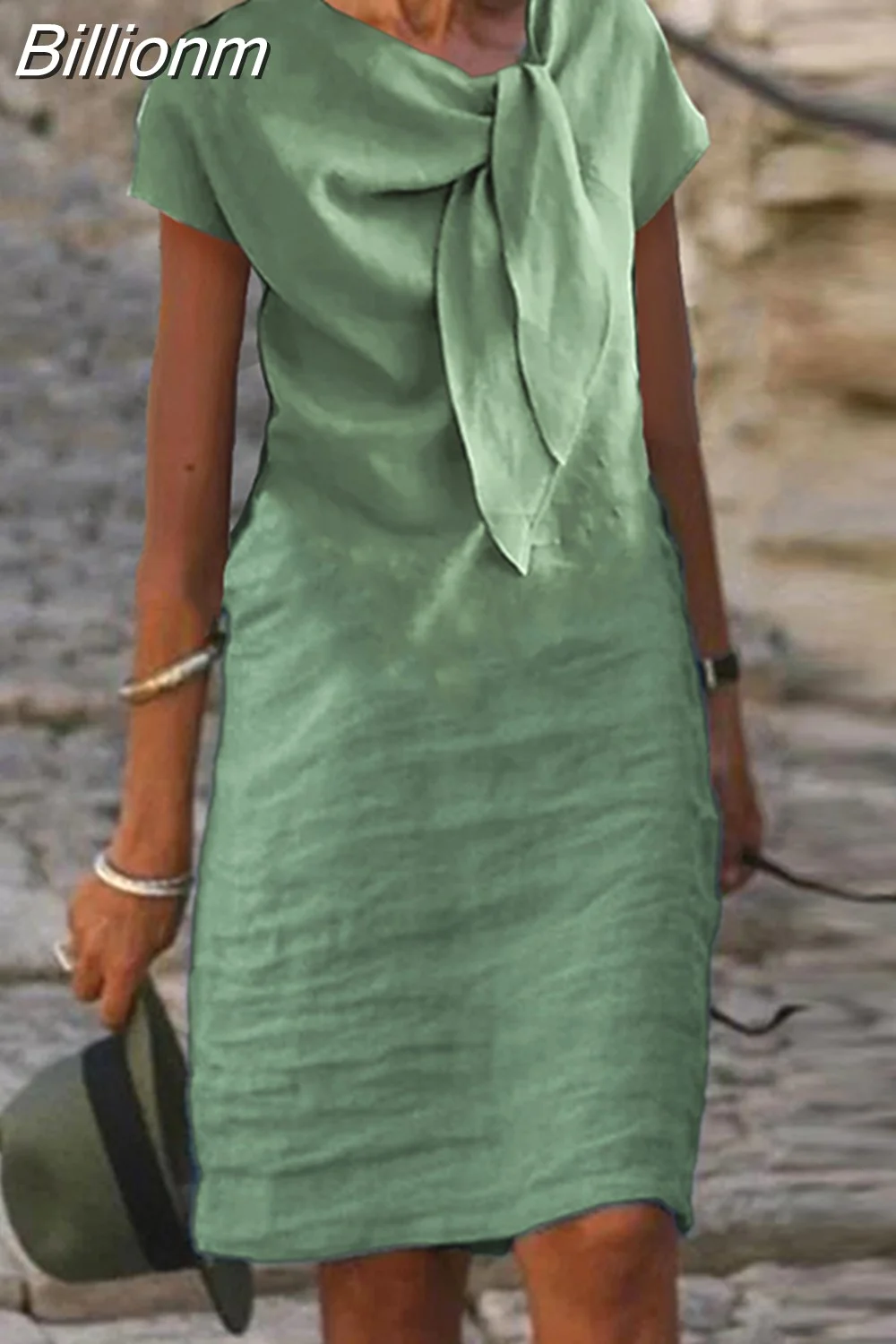 Billionm Female Slim A Line Dress Elegant Women Cotton Linen Solid Color Mini Dress 2023 Summer Short Sleeve Lace-Up Bow Fold Dress